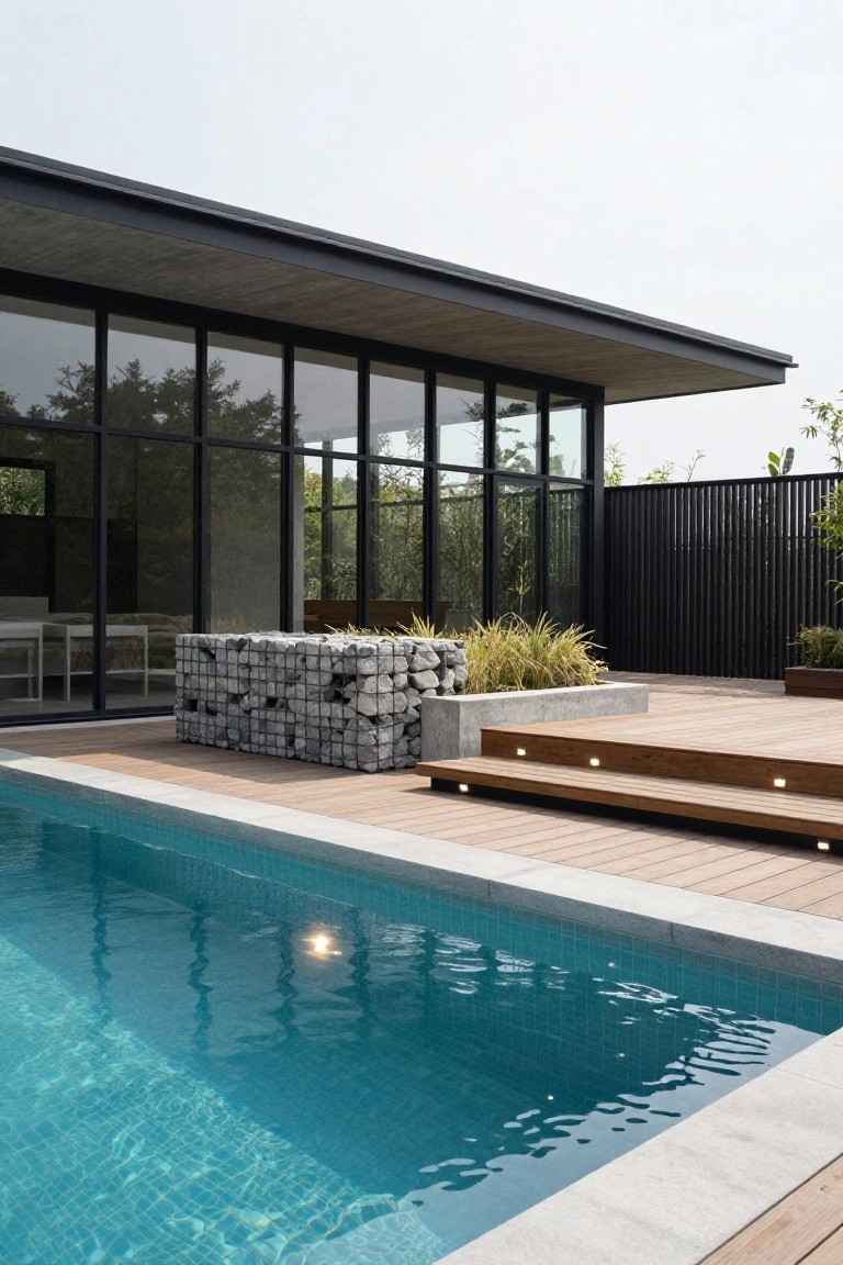 Modern house exterior featuring large black-framed glass walls overlooking a turquoise-tiled pool, with wooden deck steps, a gabion stone planter wall, and greenery nearby.