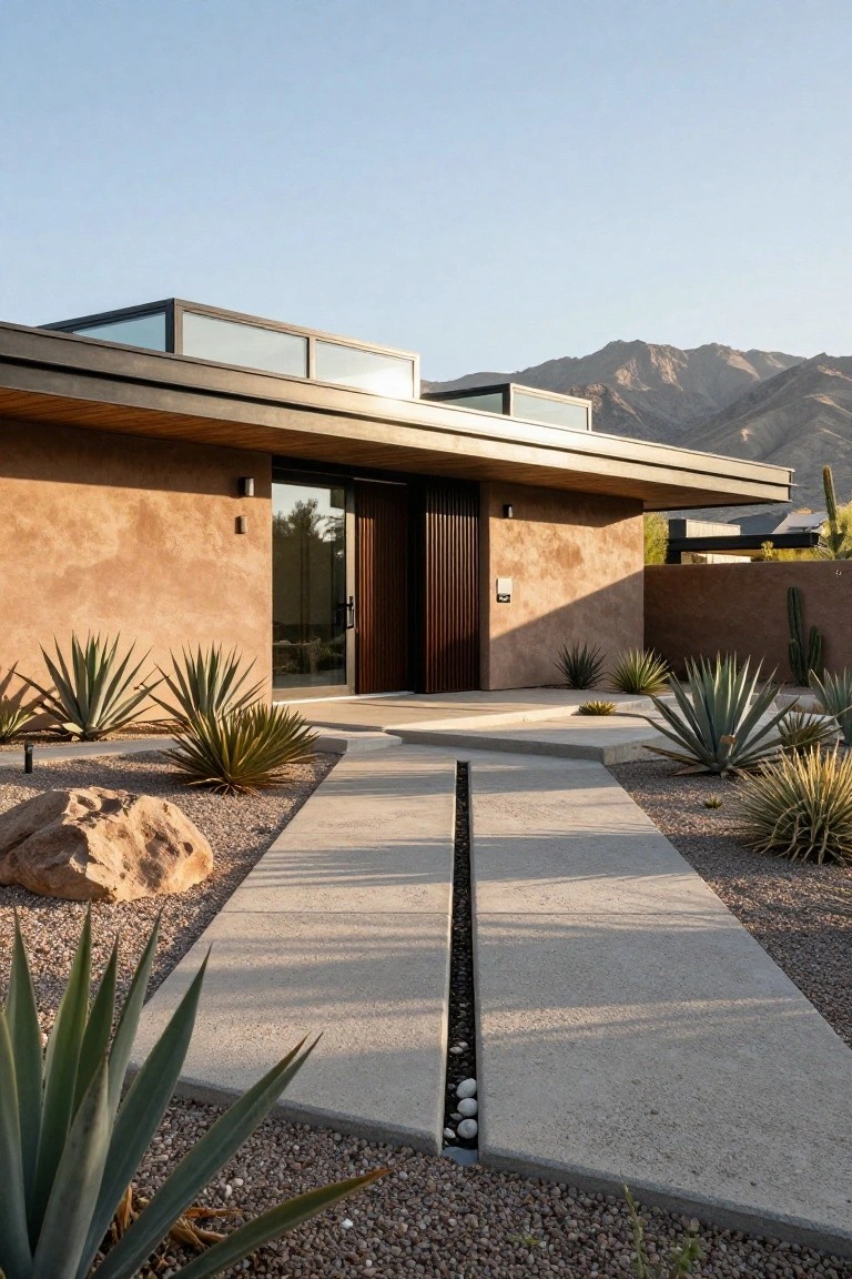 Modern tan stucco house exterior with black metal roof overhang, glass skylight box, wooden slat entry door, concrete pathway featuring central pebble-filled linear channel flanked by agave plants, rocks, and gravel in desert landscape with mountains behind.