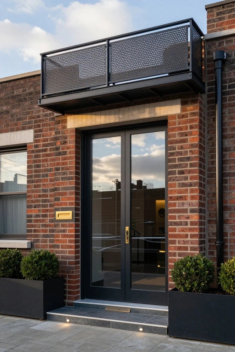 Red brick house facade with large black-framed double glass entry doors, perforated metal balcony overhead, gold door handle, flanked by black planters containing boxwood shrubs, and stone steps leading up.
