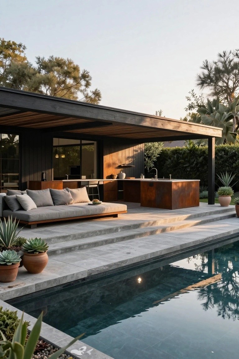 Covered concrete patio with corten steel kitchen island, low wooden daybed sofa with gray cushions, steps leading to rectangular dark-tiled pool, agave plants in terracotta pots, black house wall and greenery in background.