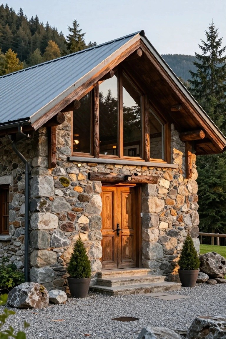 Small chalet cabin with irregular stone walls, wooden double doors, large triangular window with timber frame, metal roof, flanked by potted evergreen trees on gravel path amid rocks and forest mountainside.