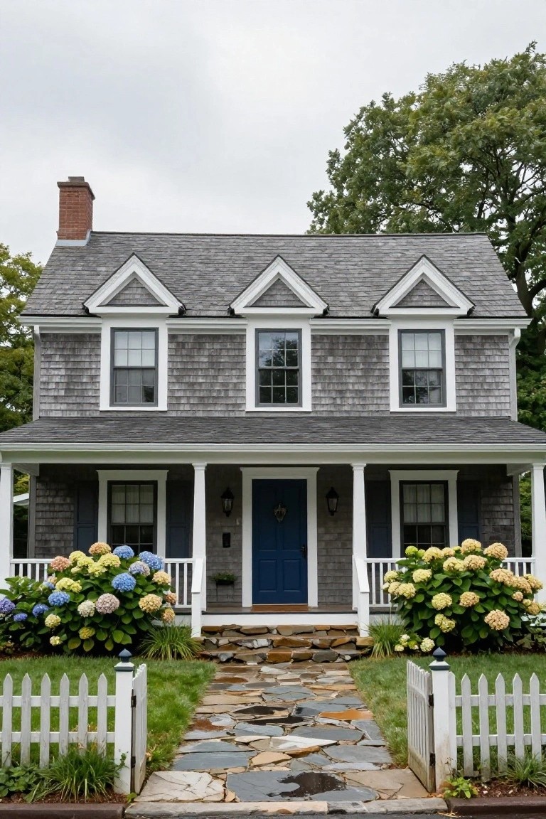 Gray shingled two-story house with gabled roof, white trim, covered front porch, blue door, large hydrangea bushes on both sides, stone pathway, and white picket fence.