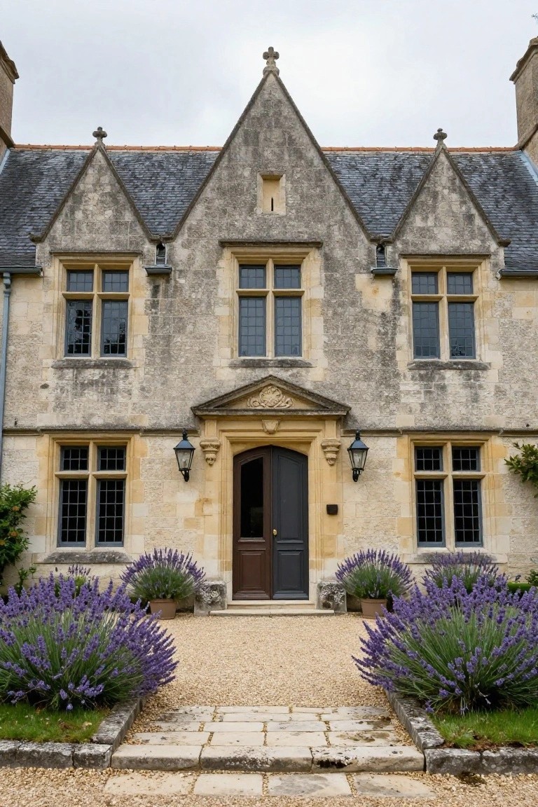 Front view of a symmetrical stone house with gabled slate roof, tall multipane windows, central pedimented entry with dark wood double doors and lanterns, gravel path bordered by lavender plants, and low stone walls.