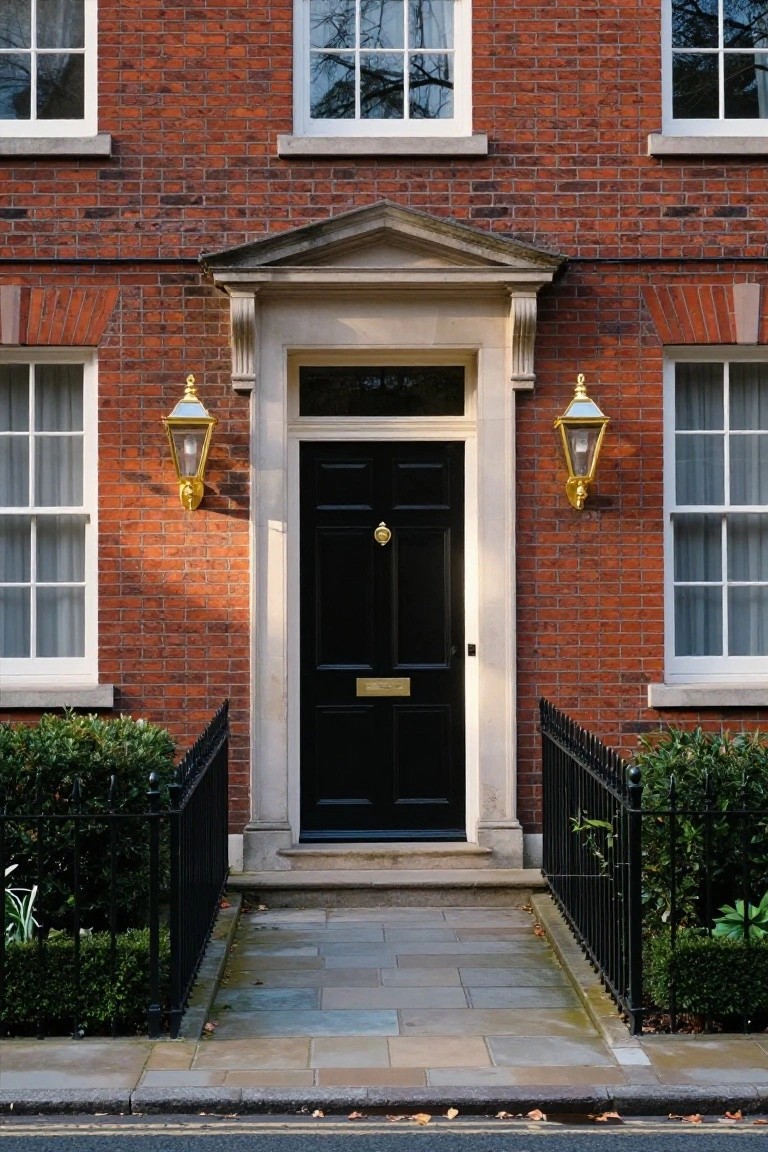 Red brick townhouse exterior with a black front door under a stone pediment, flanked by gold lanterns, black iron railing, boxwood shrubs, and slate pathway.
