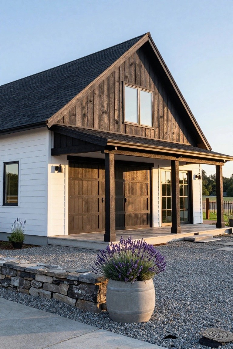 White-sided house with dark wood gabled roof, garage doors, covered porch, and stone wall, set against gravel yard with potted lavender plants.