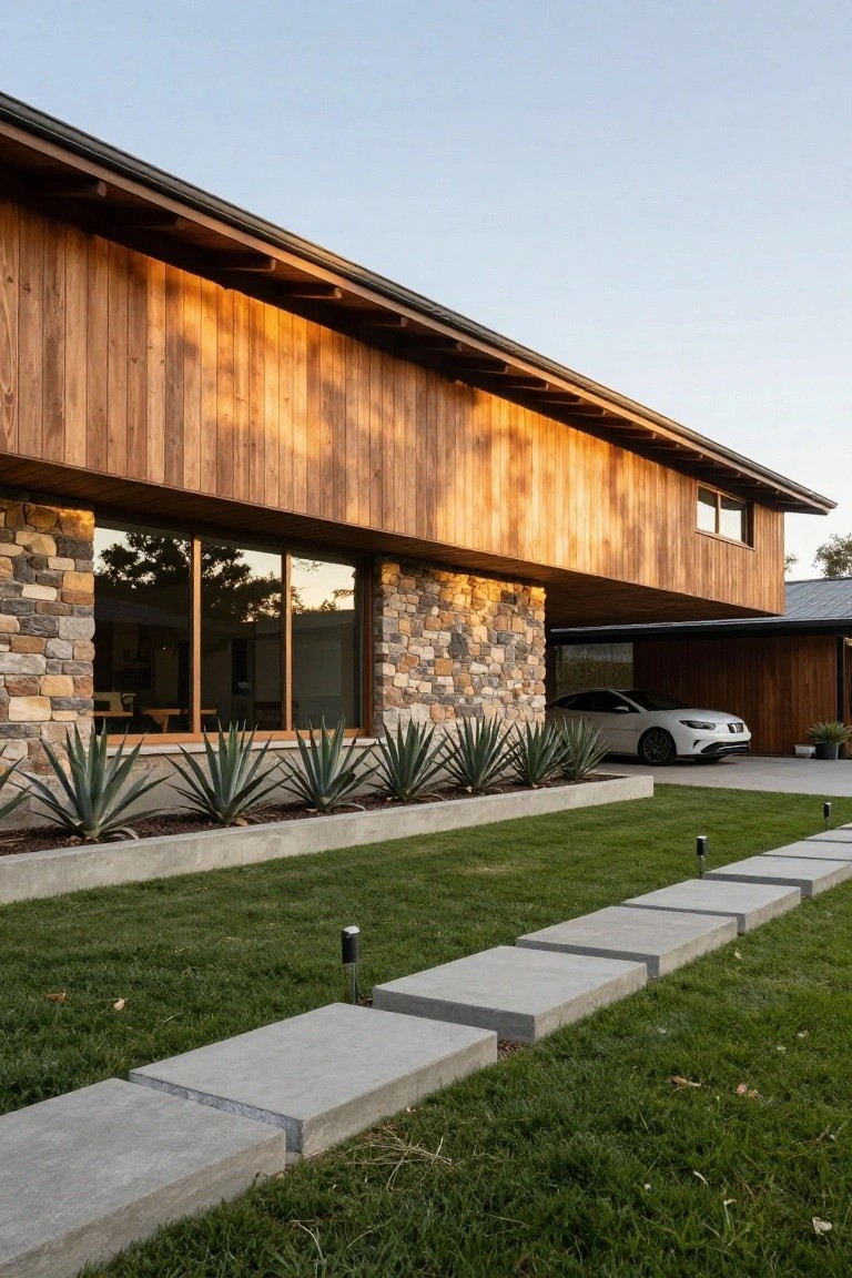 Contemporary house exterior with light brown vertical wood cladding on overhanging upper level above gray stone base, large triple windows, agave plants in raised bed, concrete slab path across lawn, white sports car in driveway, and garage beyond.