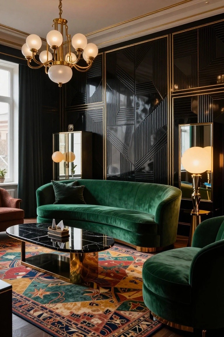 Luxury living room with black geometric wall panelling, gold-trimmed chandelier, emerald green curved velvet sofa, black marble coffee table, and colorful patterned rug.
