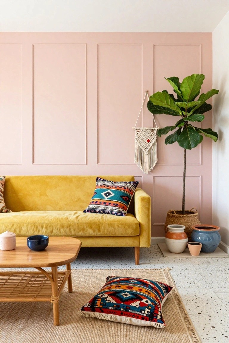 A living room with blush pink panelled walls, yellow velvet sofa, wooden rattan coffee table, colorful boho pillows, macrame hanger, fiddle leaf fig plant, and terracotta pots.