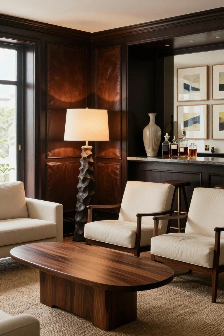 Living room corner featuring dark wood paneling on two walls with a built-in bar area, sculptural floor lamp, cream armchairs, wooden stools, oval coffee table, and beige rug.
