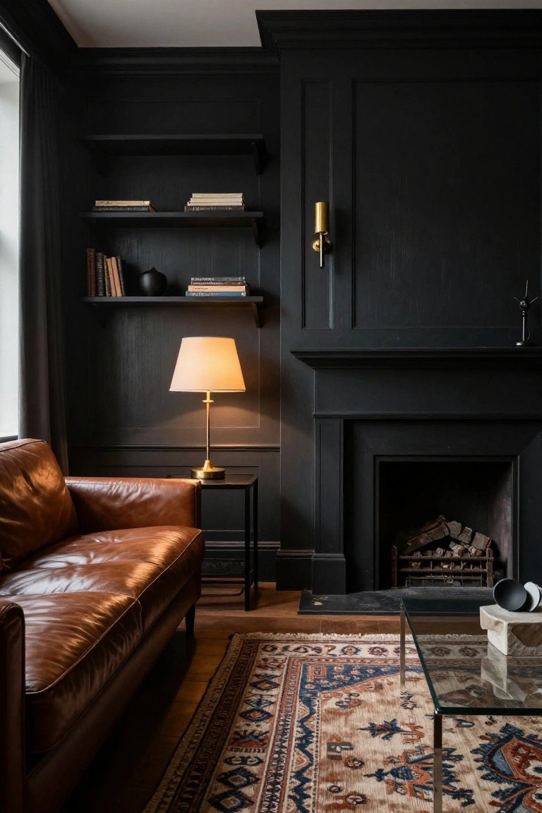 A living room with black wood panelled walls and fireplace surround, tan leather sofa, black metal side table with beige lamp, glass coffee table, patterned rug, and bookshelves.