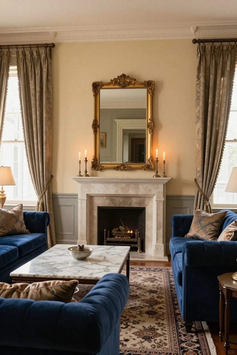 A living room with two blue velvet sofas facing a marble fireplace, ornate gold mirror above the mantel flanked by gold candelabras, grey lower wall panelling, cream upper walls, beige curtains on tall windows, and a marble coffee table.
