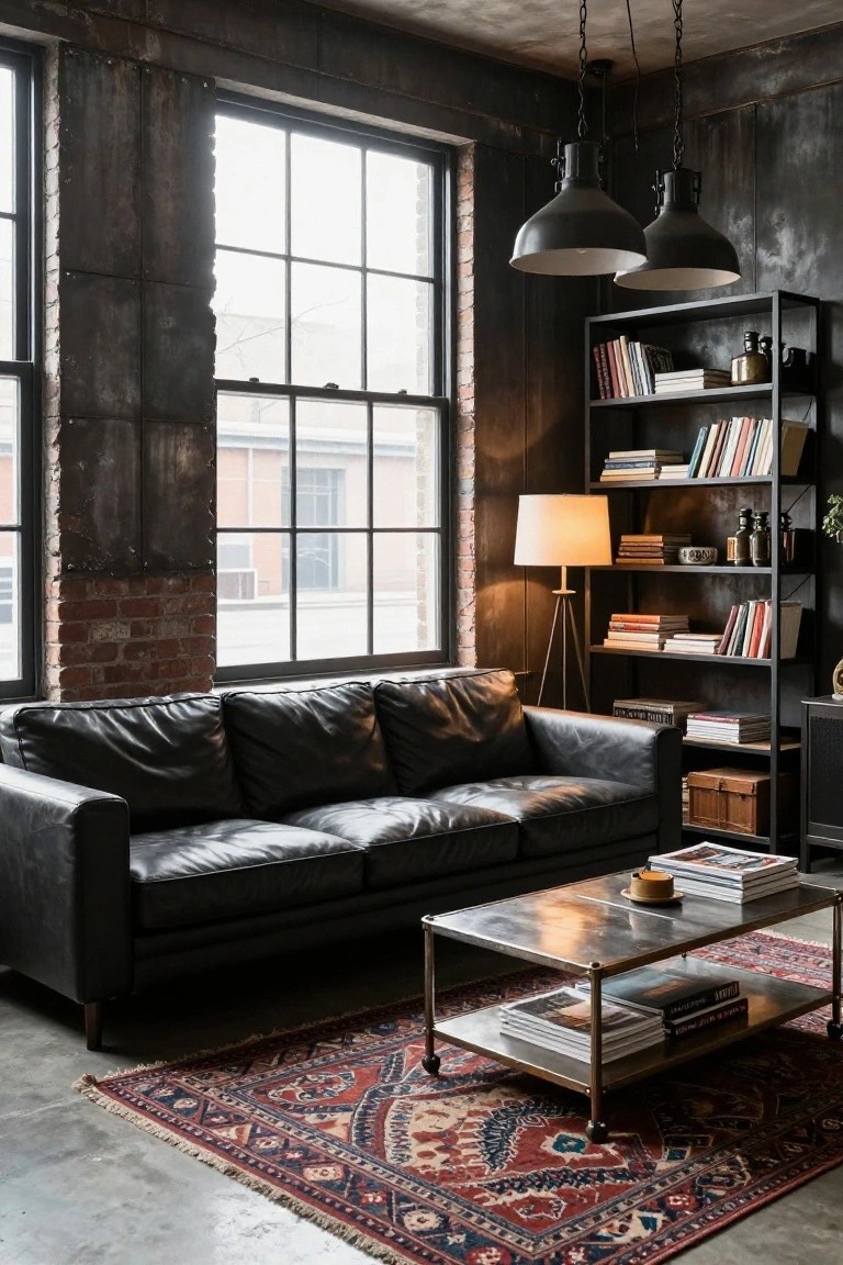 Industrial-style living room featuring dark metal wall panels, exposed brick, black leather sofa, metal shelving with books, tripod lamp, coffee table, and large factory windows.
