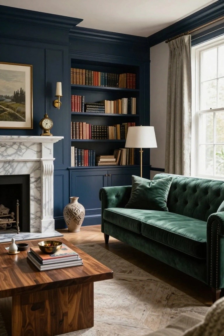 A living room with navy blue paneled walls featuring built-in bookshelves and cabinets, a white marble fireplace, emerald green velvet sofa, wooden coffee table, and tall windows with cream curtains.