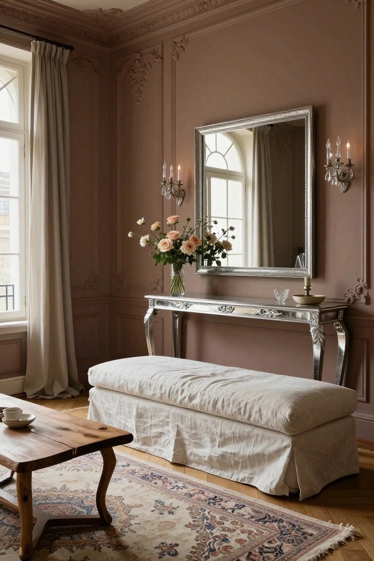 Blush-colored walls with ornate panelling and cornices in a living room corner, featuring a silver console table topped with flowers and a mirror, flanked by wall sconces, a white upholstered bench, wooden coffee table, and patterned rug near a curtained window.