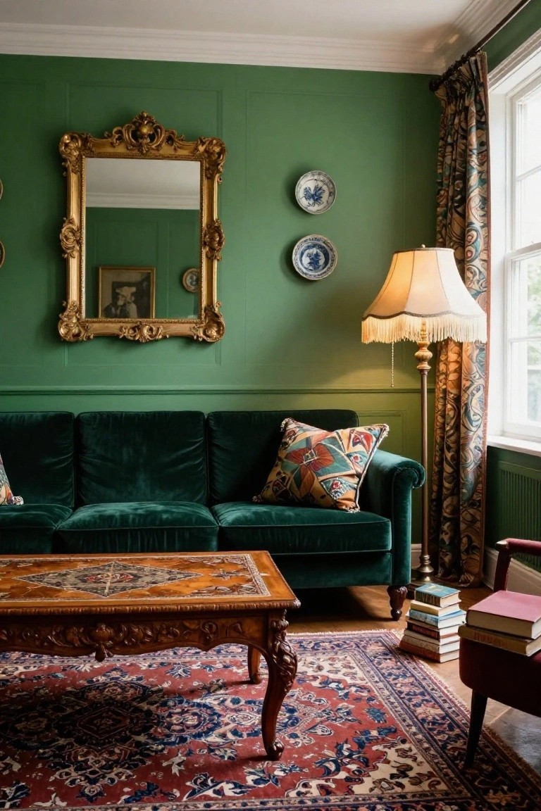 Emerald green paneled living room with green velvet sofa, ornate wood coffee table on Persian rug, gold gilt mirror on wall, floor lamp, books, and window with patterned curtains.