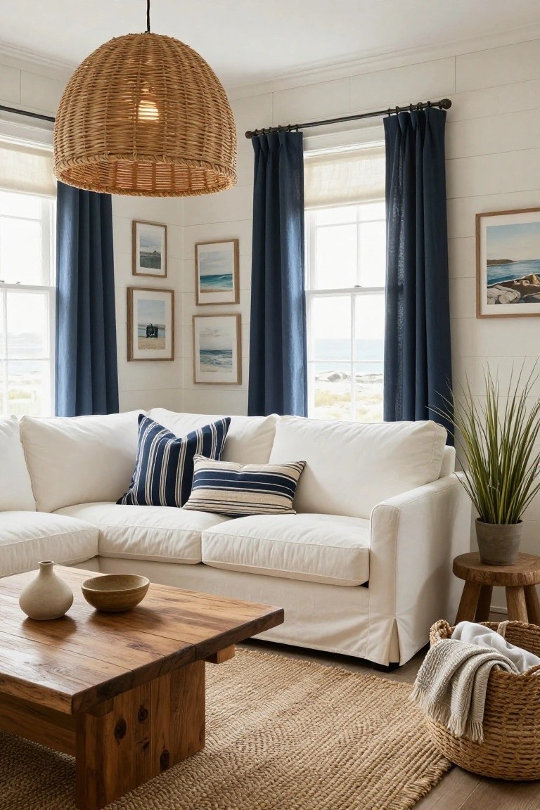 White living room with horizontal shiplap panelling on walls, white slipcovered L-shaped sofa with navy and white pillows, wooden coffee table holding a ceramic vase and bowl, seagrass rug, potted plant, navy curtains on windows showing sea view, and woven pendant light.