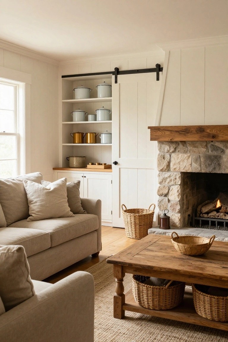 Living room featuring white shiplap walls, a beige linen sofa with pillows, wooden coffee table with woven baskets, stone fireplace with fire burning, and built-in shelves holding white and gold pots next to a sliding barn door.