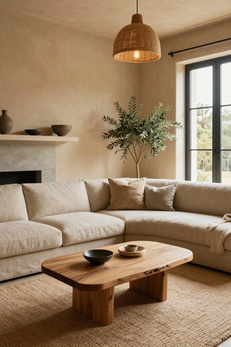 Beige living room with textured plaster walls, L-shaped light gray linen sofa, live-edge wooden coffee table holding black bowls, potted olive tree by black-framed doors, rattan pendant light overhead, wooden shelf with pottery above a concrete fireplace, and seagrass rug on the floor.