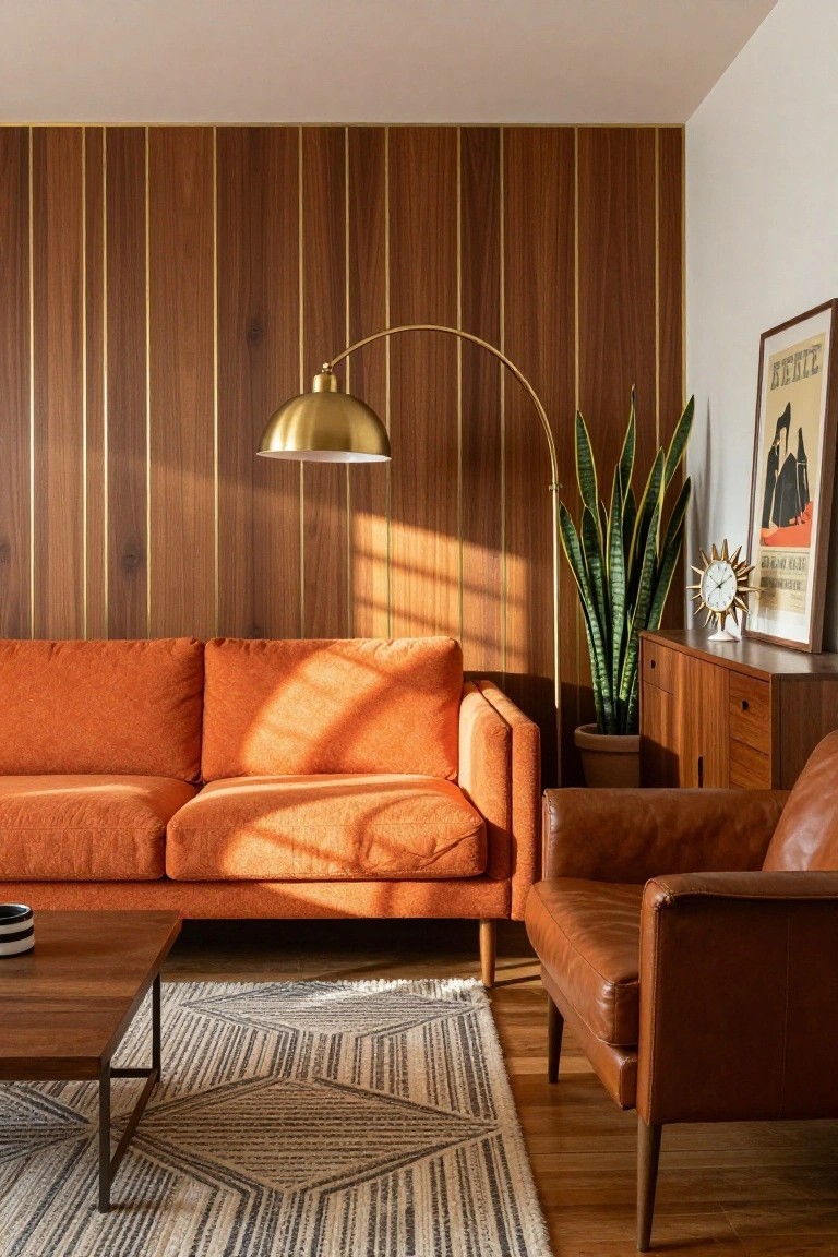 A living room with vertical walnut wood slat paneling accented by thin gold lines on one wall, orange sofa, brown leather armchair, gold arc lamp, snake plant, and wooden furniture.