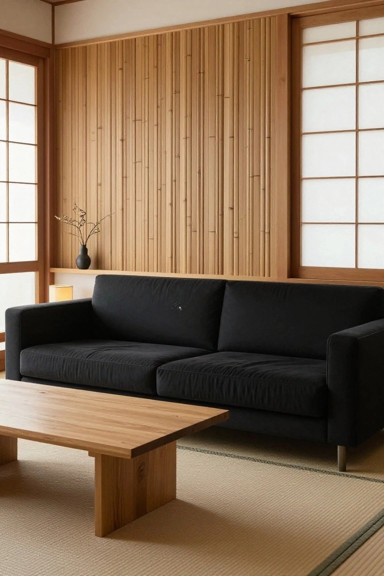 A minimalist living room with vertical cedar wood slat paneling on the walls, black fabric sofa, low rectangular wooden coffee table, black vase on a shelf, shoji screen windows, and tatami mat flooring.