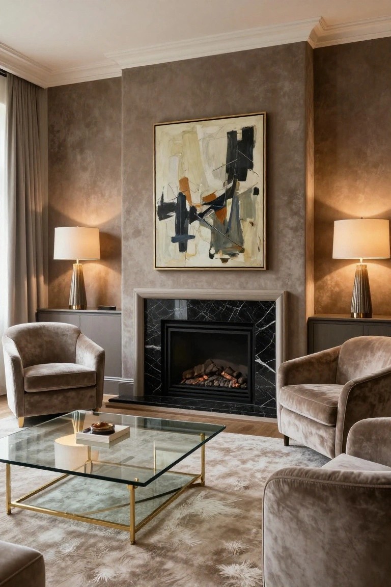 A living room featuring taupe textured plaster walls, a large abstract painting above a black marble fireplace flanked by built-in gray cabinets, two pairs of beige velvet armchairs, a gold-framed glass coffee table, and two table lamps on side cabinets.