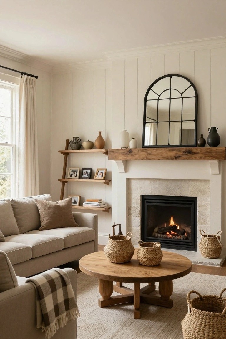 Living room with white vertical shiplap walls, wood-beam mantel over a stone fireplace with gas fire, beige sofa, wood coffee table with seagrass baskets, ladder shelf, and arched black mirror.