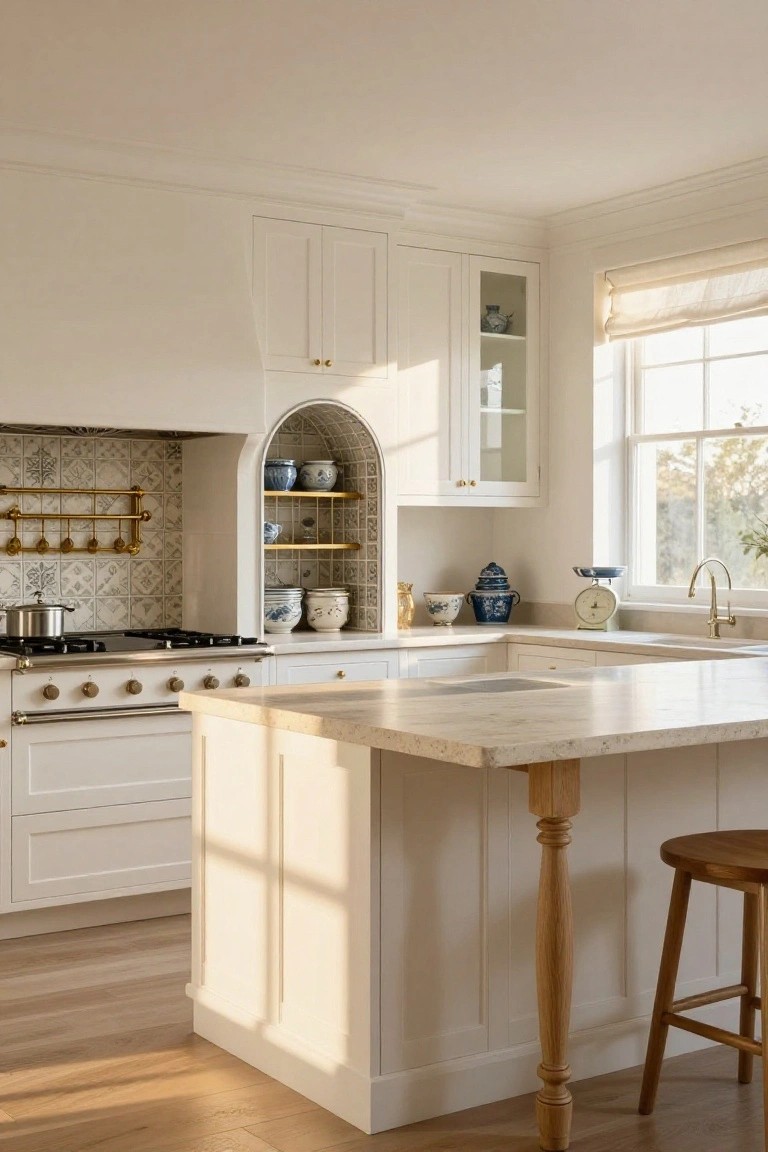 White kitchen with arched niche above range displaying blue and white ceramic pots and bowls, white shaker cabinets, gold pot rack, wood-accented island, and window light.