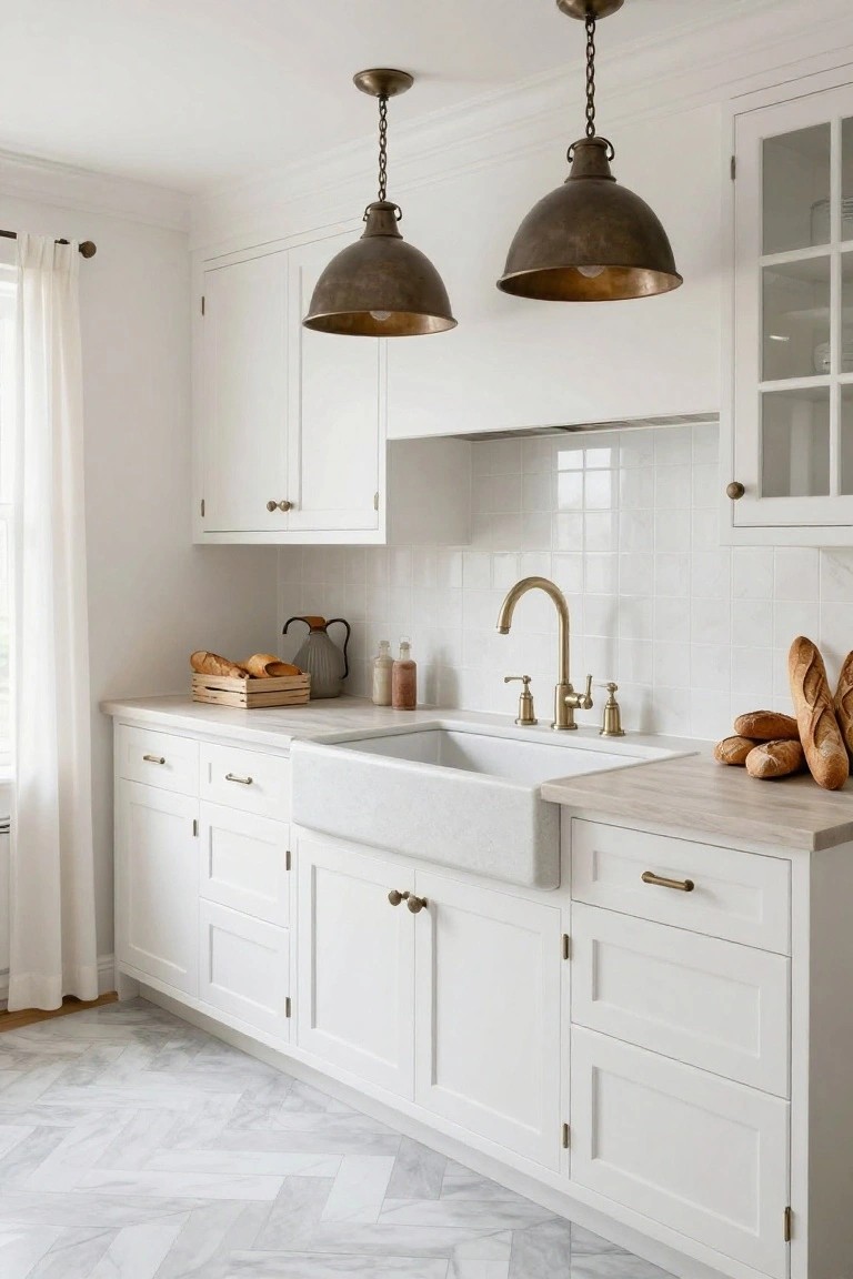 White Shaker-style kitchen cabinets with brass hardware, a large white farmhouse sink and brass gooseneck faucet, white subway tile backsplash, brass pendant lights overhead, and herringbone gray marble-look floor tiles.