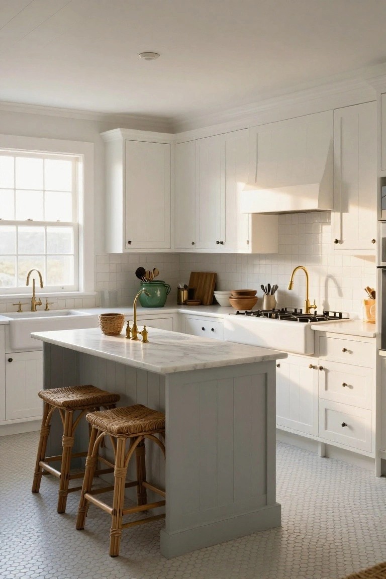 White shaker-style kitchen cabinets surround a central light gray island with white marble countertop, two rattan bar stools, gold faucets, white subway tile backsplash, farmhouse sink, and white hexagon floor tile.
