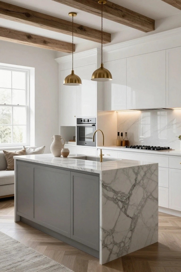 White kitchen with perimeter white cabinets, central gray island topped by white marble with gray veining, brass pendant lights from wooden beam ceiling, gold faucet, and herringbone wood floor.
