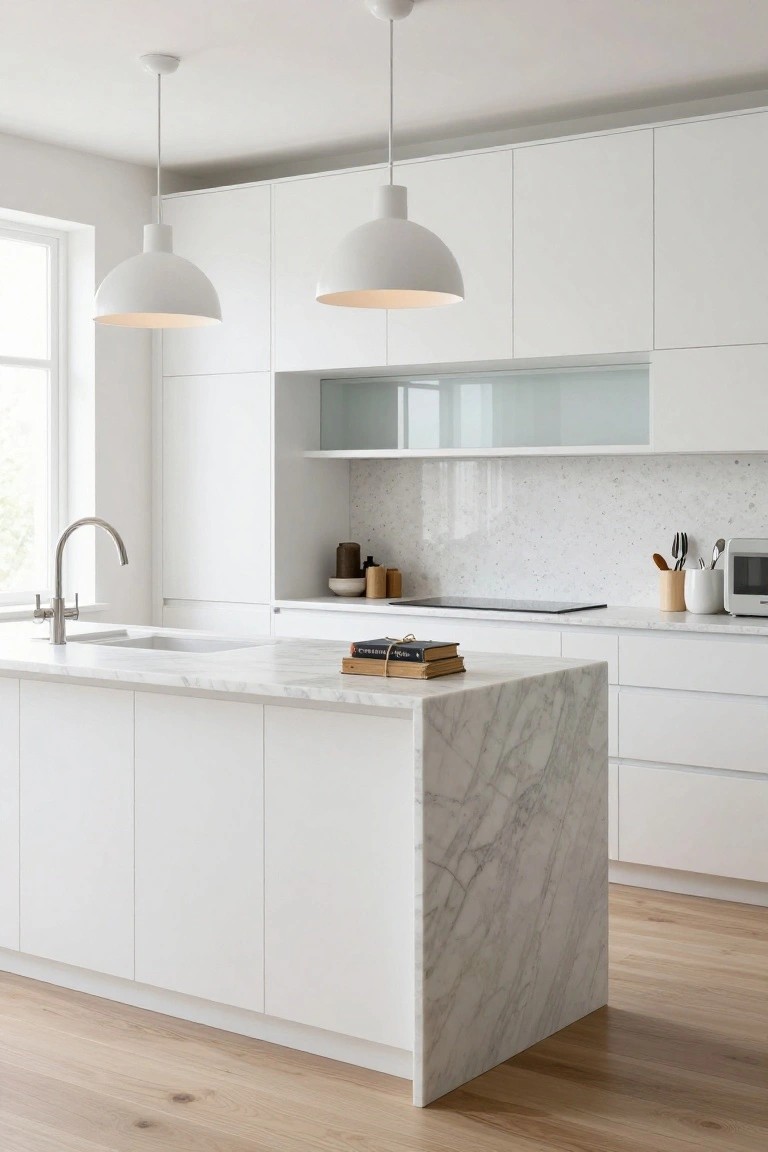 Modern white kitchen with matte cabinets, a large island topped in white veined marble, marble tile backsplash, two white pendant lights, and a window nearby.