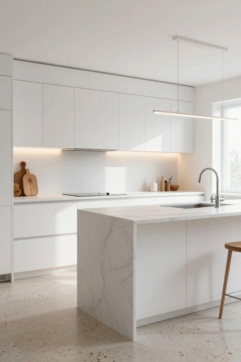 Modern white kitchen with handleless cabinets, central island topped in veined white marble, induction cooktop, stainless sink, wooden stools, and terrazzo floor.