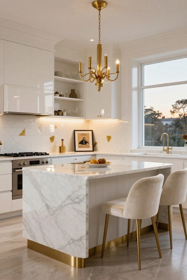 White luxury kitchen with glossy cabinets, marble-topped island with brass base and legs, gold chandelier, geometric backsplash, and window overlooking trees at sunset.