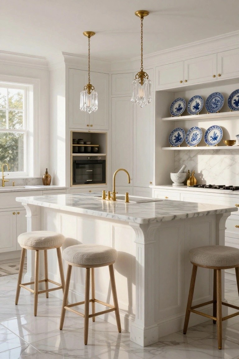 White luxury kitchen interior with central marble-topped island, four cream upholstered bar stools on wooden legs, gold faucet and hardware, crystal pendant lights, blue and white china on open shelves, and window light.