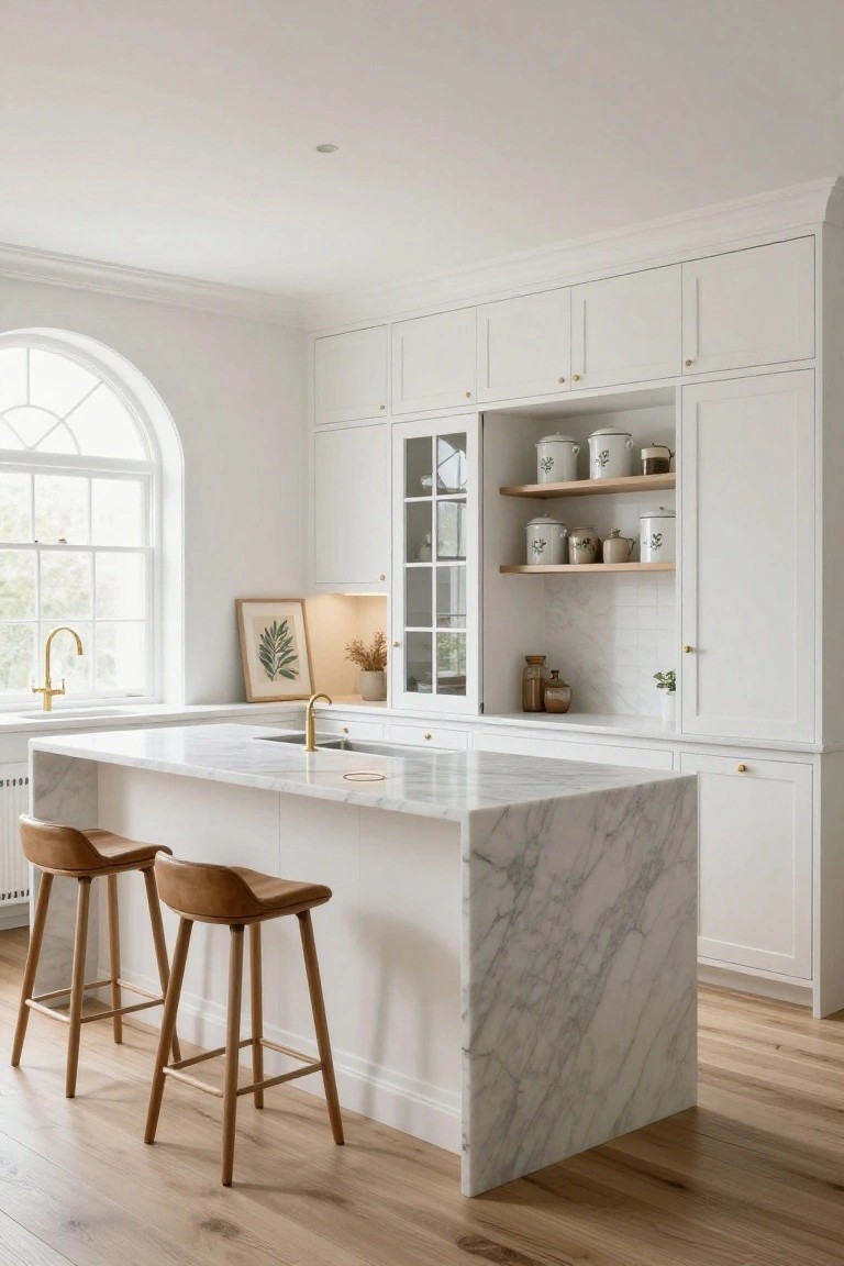 White shaker-style kitchen cabinets surrounding a large white marble island with waterfall edges and two tan leather wood bar stools, gold faucets, glass-front cabinet with ceramics, and arched window.
