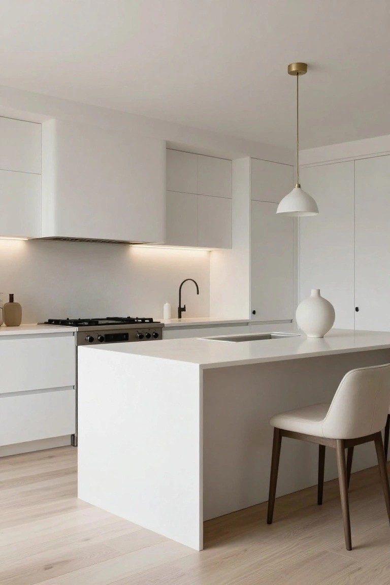 Modern minimalist white kitchen with handleless cabinets, large central white island, single cream leather stool, matte black faucet, integrated cooktop, and light oak flooring.