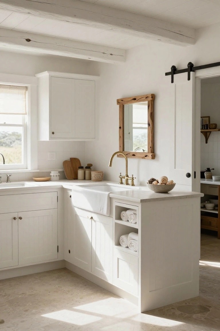 Bright white kitchen corner with shaker-style cabinets, large white apron-front farmhouse sink, brass gooseneck faucet, open shelving holding rolled white towels, rustic wood beam ceiling, and black metal barn door.