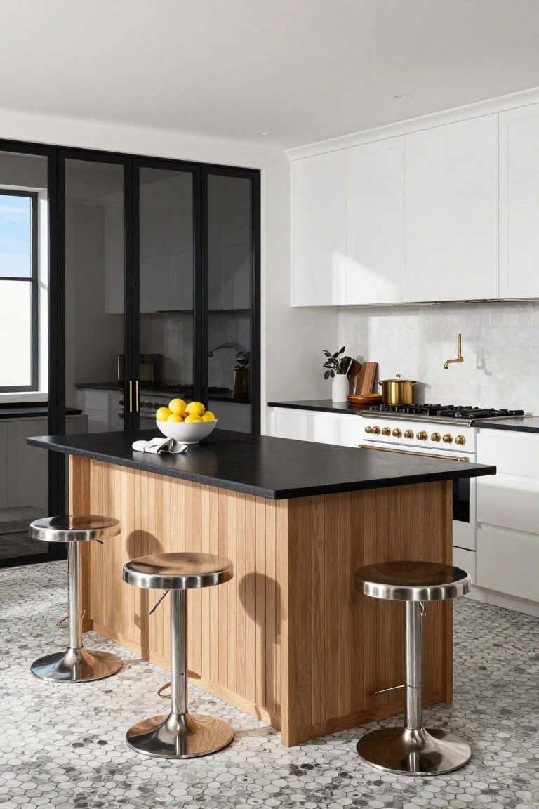 Modern white kitchen featuring an island with oak paneling, black countertop, brass bar stools, white cabinets, and black-framed glass doors to the outside.