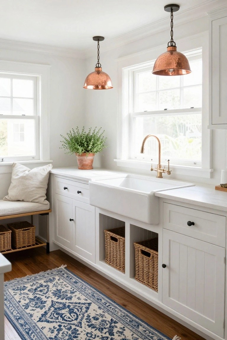 White shaker-style kitchen cabinets surrounding an apron-front farmhouse sink with brass bridge faucet, copper pendant lights overhead, built-in bench with linen cushions and woven baskets, potted plant on counter, and blue rug on wood floor.