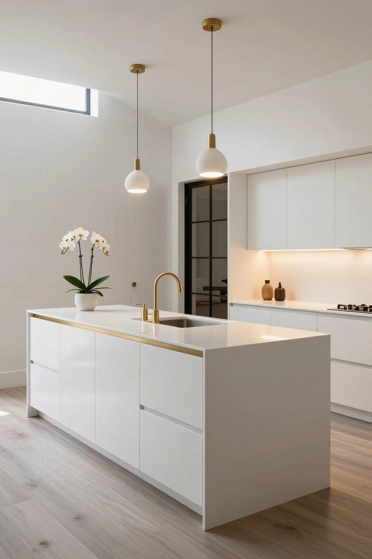 White luxury kitchen interior with large central island featuring gold brass trim on edges, gold faucet and handles, two white pendant lights, white cabinets, and potted orchids on the counter.