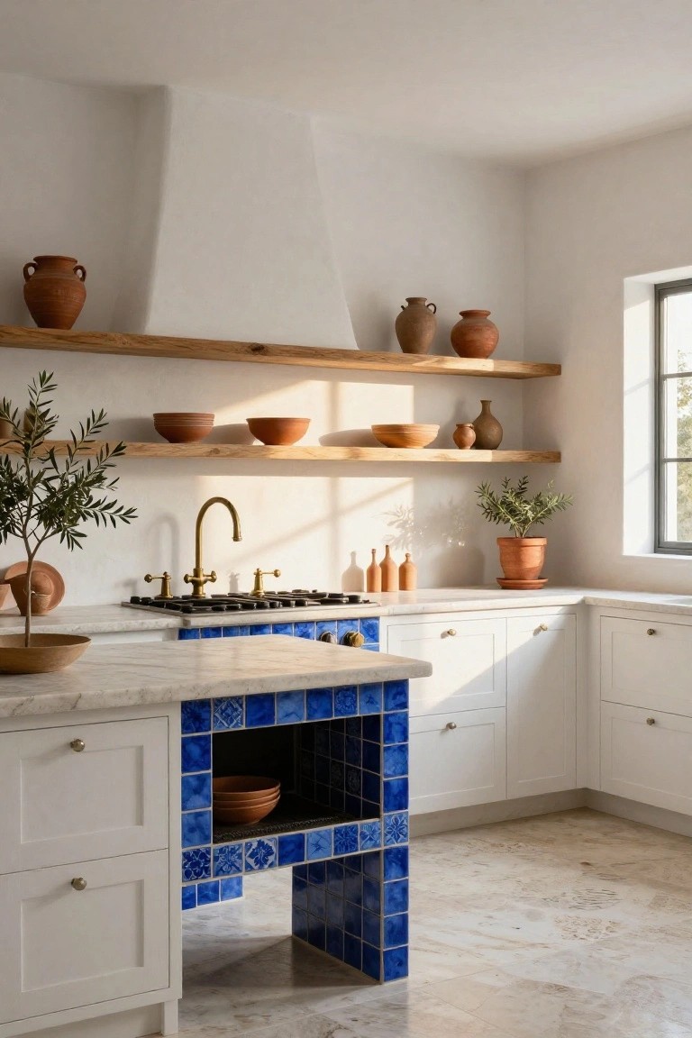 White kitchen with wooden open shelves holding terracotta pots and bowls, blue tiled island base, brass faucet over gas range, and potted olive plants.