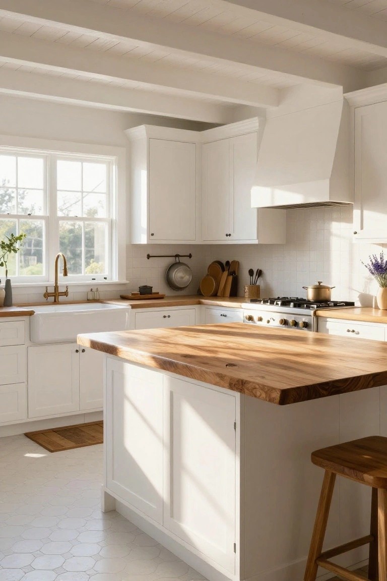Bright white shaker-style kitchen cabinets surround a large island with thick wood countertop, brass faucet at farmhouse sink, and wood stools, with natural light from windows.