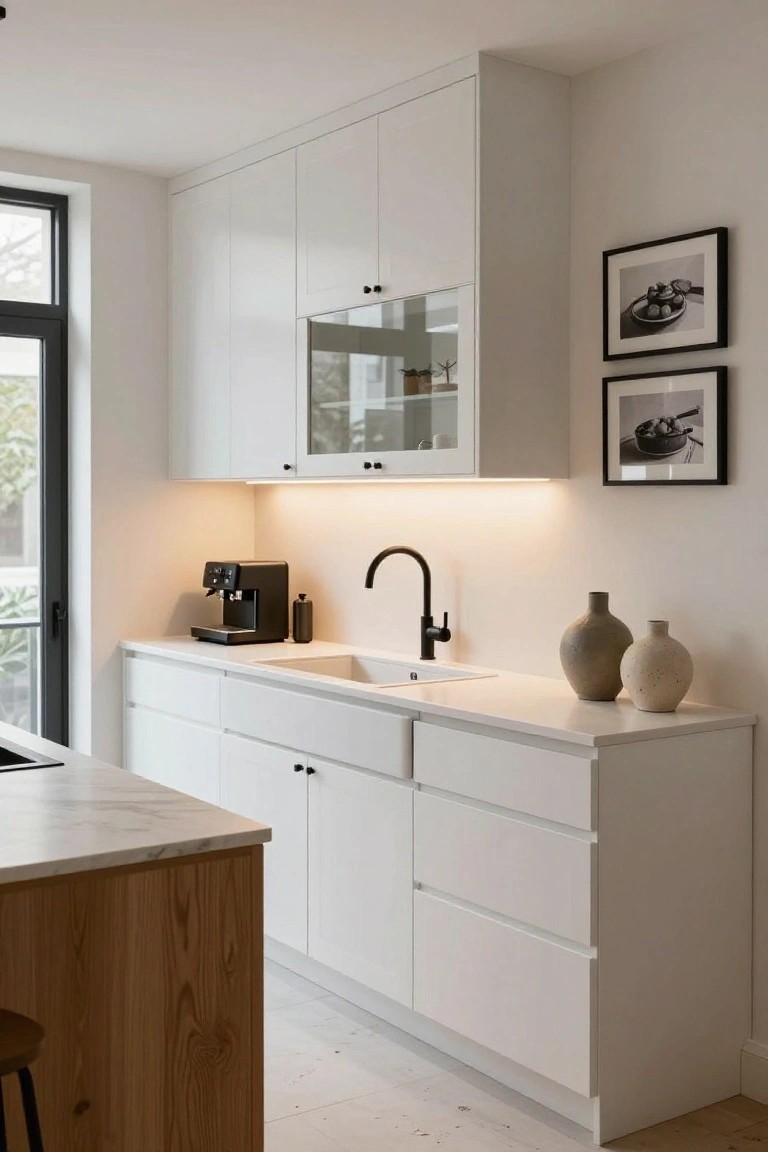 Modern white kitchen with flat-panel cabinets, wooden island peninsula topped in white marble, matte black faucet over sink, espresso machine, and two ceramic vases on counter.