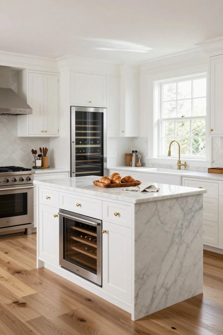 White luxury kitchen with central freestanding island of white cabinets and white veined marble countertop, built-in wine cooler drawer, stainless steel appliances, brass hardware, and window with natural light.