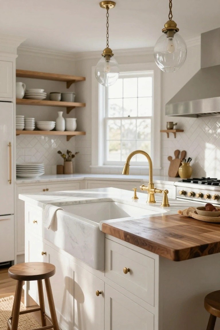 White shaker-style kitchen with open oak shelves displaying white dishes and pottery, marble countertops, wooden butcher block island topped with bread bowl, brass gooseneck faucet in farmhouse sink, and glass pendant lights hanging above.