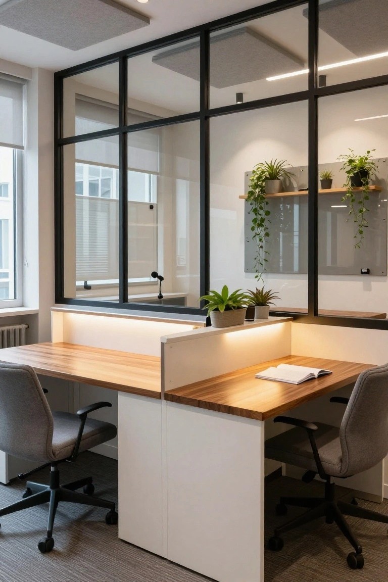 Two gray office chairs positioned at back-to-back light wood desks divided by a white cabinet with integrated under lighting, in a glass-walled room with plants and acoustic panels.