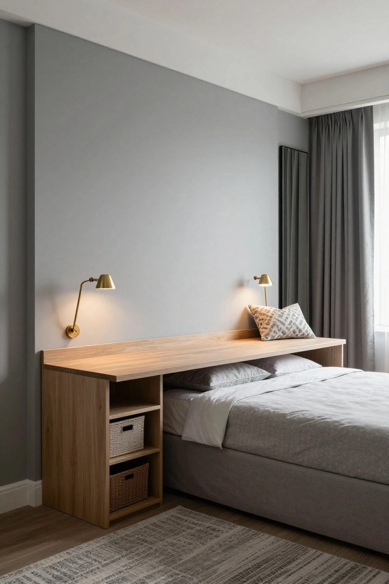 Bedroom interior featuring a light oak built-in desk shelf extending over a gray bed platform with storage drawers below, flanked by woven baskets, gold wall sconces on gray walls, gray curtains, and a beige rug on wood floors.
