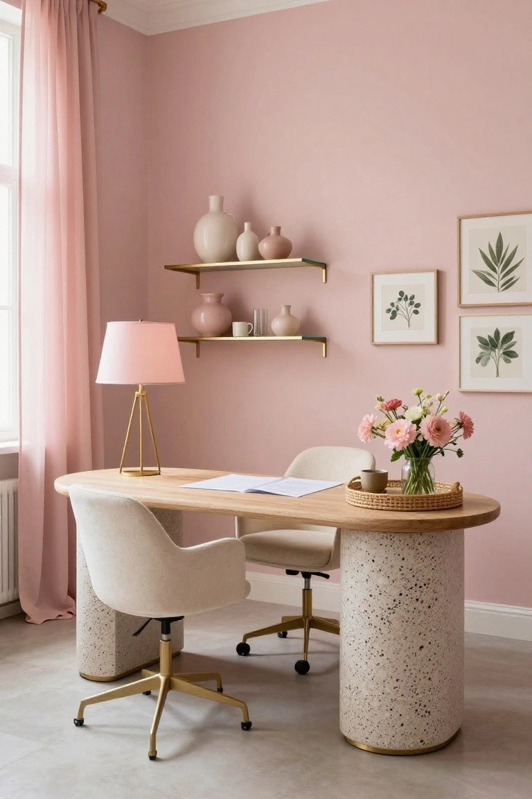A home office with blush pink walls, floating gold shelves holding white and pink ceramics, a tripod lamp with pink shade, oval wood desk on two terrazzo pedestals, two cream swivel chairs with gold bases, and a vase of pink flowers on a rattan tray.