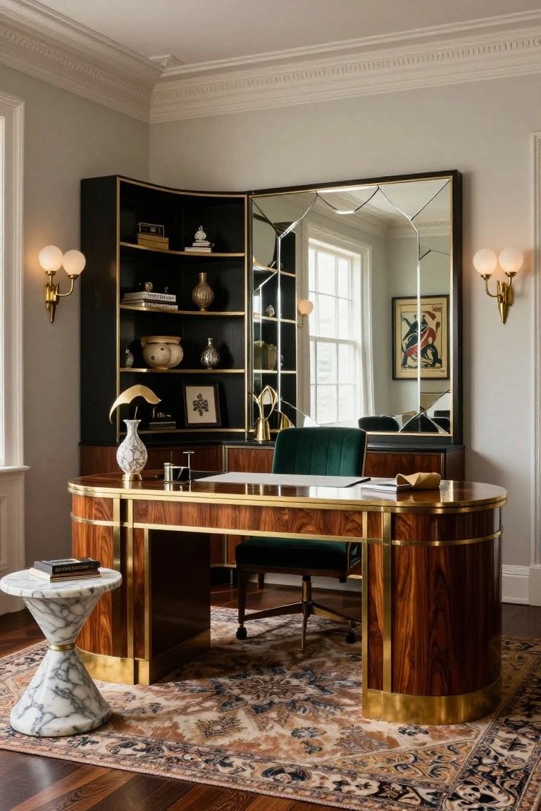 Home office with curved rosewood desk trimmed in brass, emerald green velvet chair, black cabinet with mirrored doors and brass frame, marble pedestal table, wall sconces, and patterned rug on hardwood floor.