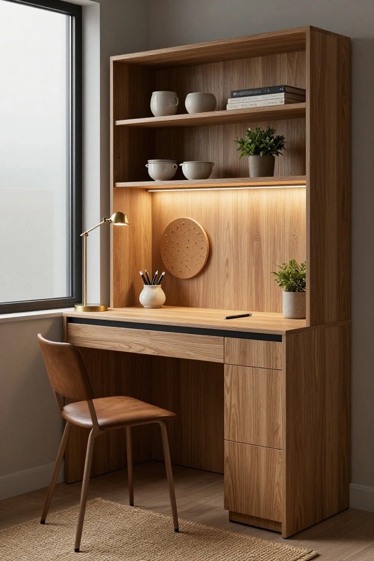 Tall wooden shelving unit with integrated desk surface, drawers, LED lighting, desk accessories, plants, bowls, books, a gold desk lamp, and a tan wood chair next to a large window in a modern interior.